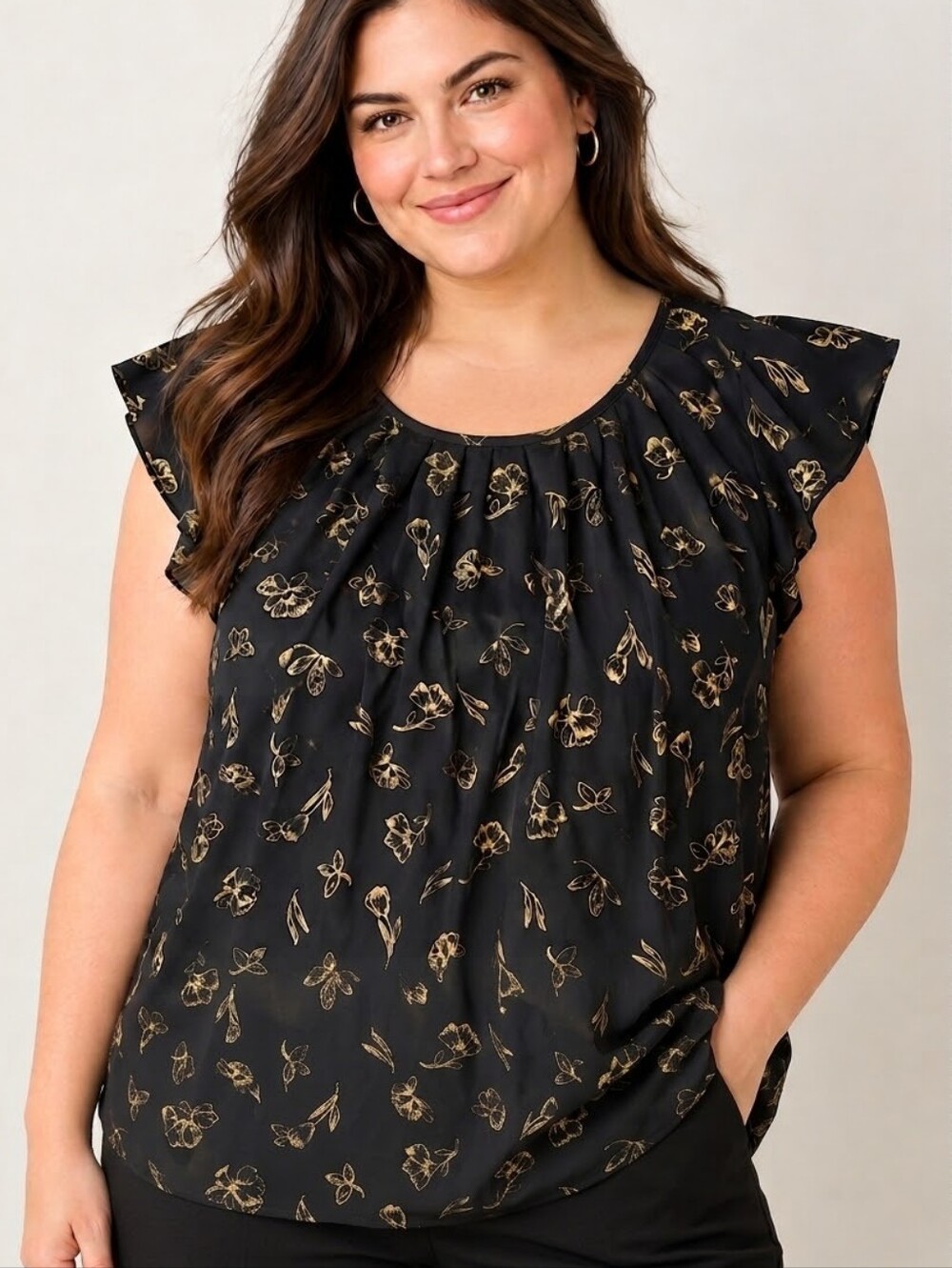 LC Lauren Conrad Black Gold Metallic Blouse Size XXL Cap Flutter Sleeve Tie Neck